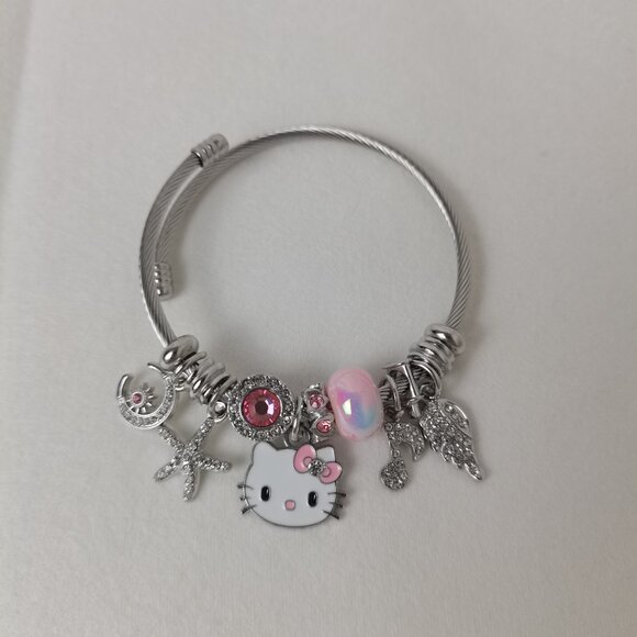Pink Hello Kitty Charm Pendant Tone Bangle Bracelet - Picture 4 of 5